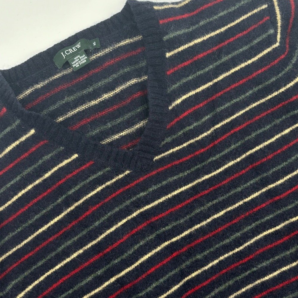 J. Crew Striped V Neck Lambswool Sweater XL Navy Red Green Cream Casual‎